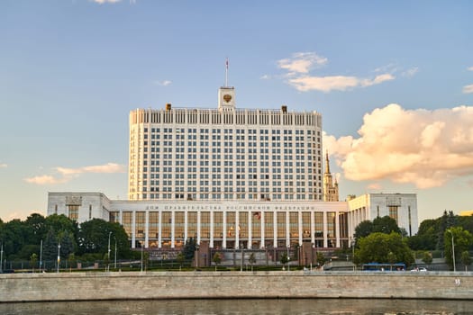 Moscow, Russia - 30.07.2022: The building of the Government of the Russian Federation. The White House in Moscow. Inscription House of the Government of the Russian Federation