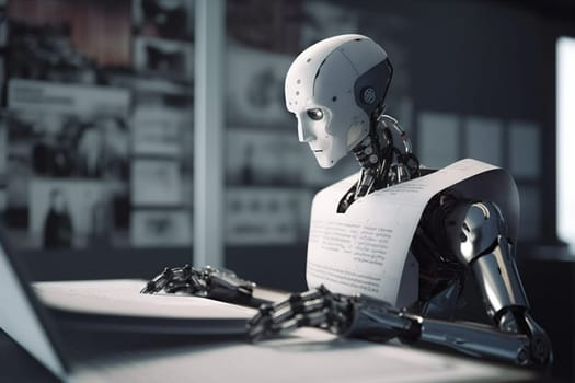 man artificial ai device job digital technology information robot office paper part cyberspace desk hand document automation laptop tech future. Generative AI.