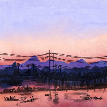 Hand drawn illustration of purple pink sunset landscape with water reflection. Village town. Mountains trees blue sky clouds, evening sunset sunsire scenery scene, oil painting texture sketch style