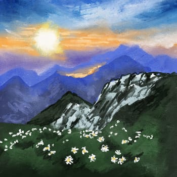 Hand drawn illustration of sunrise in alps alpine meadow mountains hills, dawn scenery. Morning scene landscape, oil painting texture, sunset outdoor adventure, nature design mist fog panorama light