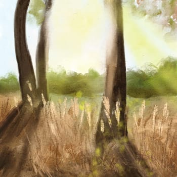 Hand drawn oil paint illustration of fall autumn yellow tree leaves in park forest wood. Late summer grass. Brown trees sunlight green grass blue sky, september october nature landscape day meadow