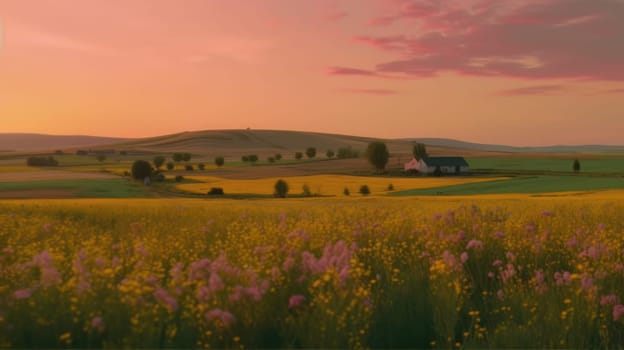 Beautiful local farm with sunset in the countryside field. Generative AI.