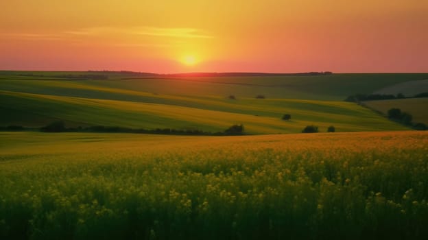 Beautiful local farm with sunset in the countryside field. Generative AI.