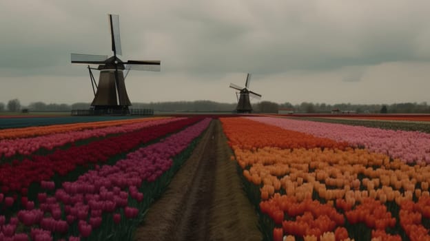 Colorful open field with beautiful tulips. Generative AI.