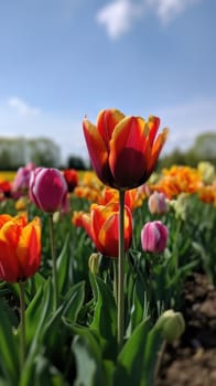 Colorful open field with beautiful tulips. Generative AI.