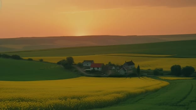 Beautiful local farm with sunset in the countryside field. Generative AI.