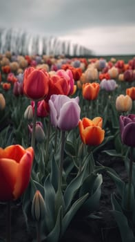 Colorful open field with beautiful tulips. Generative AI.