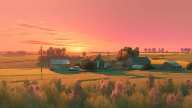 Beautiful local farm with sunset in the countryside field. Generative AI.