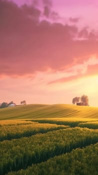 Beautiful local farm with sunset in the countryside field. Generative AI.