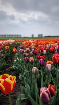 Colorful open field with beautiful tulips. Generative AI.