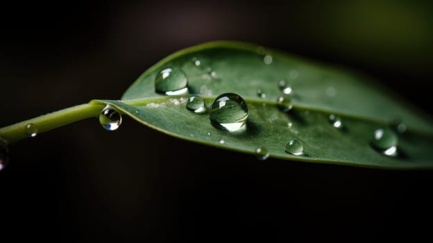 Close up view of raindrops on green leaf. Generative AI.