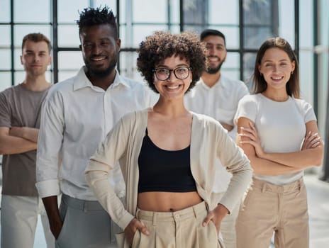 Face of beautiful woman on the background of business people