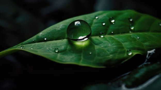 Close up view of raindrops on green leaf. Generative AI.