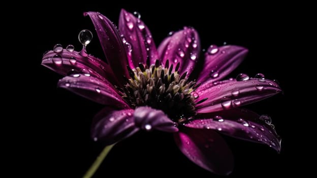 close up of violet flower with drops of water. Generative AI.