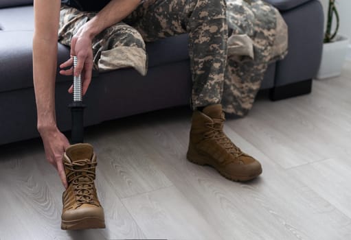 soldier after leg amputation is rehabilitated and recovers thanks to the prosthesis.