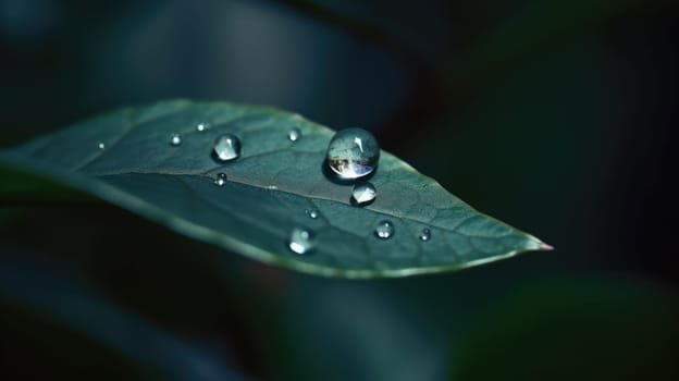 Close up view of raindrops on green leaf. Generative AI.