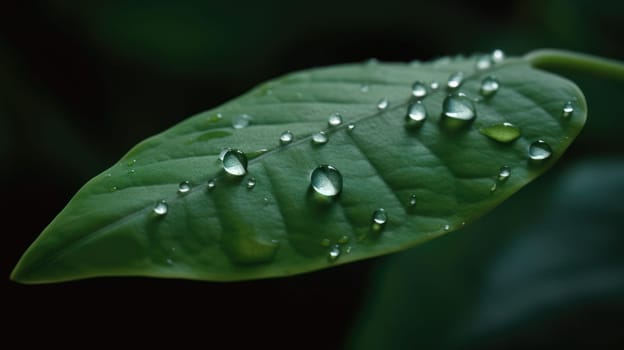 Close up view of raindrops on green leaf. Generative AI.