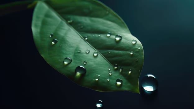 Close up view of raindrops on green leaf. Generative AI.