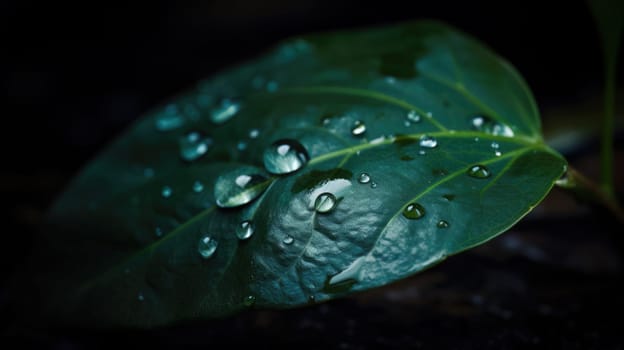 Close up view of raindrops on green leaf. Generative AI.