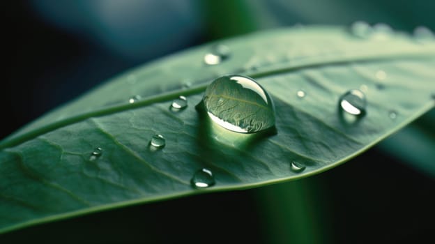 Close up view of raindrops on green leaf. Generative AI.