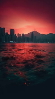 Beautiful pink sky sunlight above the city. Generative AI.