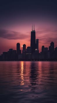 Cityscape of chicago at dusk with lights from the skyline. Generative AI.