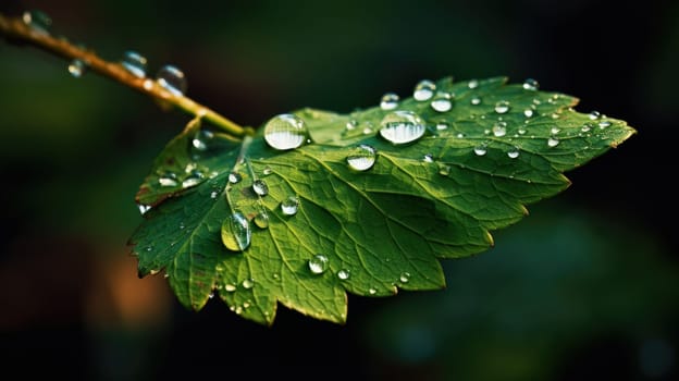 Close up view of raindrops on green leaf. Generative AI.