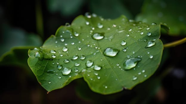 Close up view of raindrops on green leaf. Generative AI.