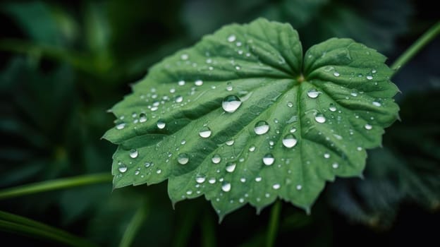 Close up view of raindrops on green leaf. Generative AI.