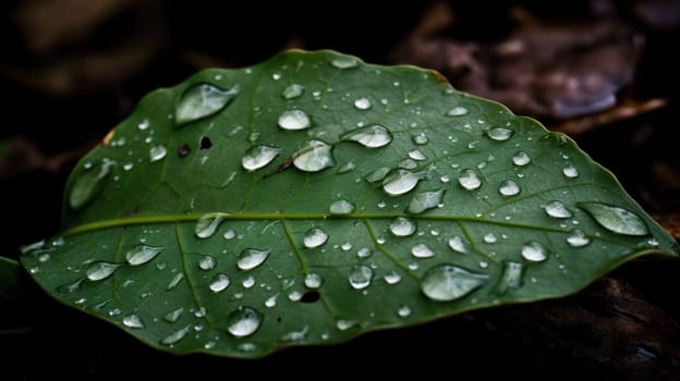 Close up view of raindrops on green leaf. Generative AI.