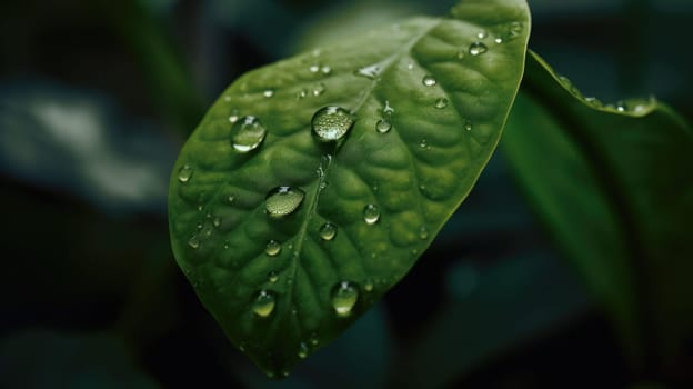 Close up view of raindrops on green leaf. Generative AI.