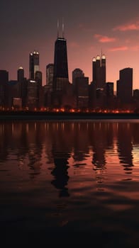 Cityscape of chicago at dusk with lights from the skyline. Generative AI.