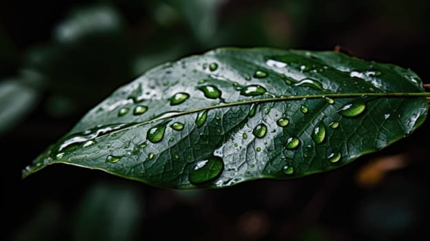 Close up view of raindrops on green leaf. Generative AI.