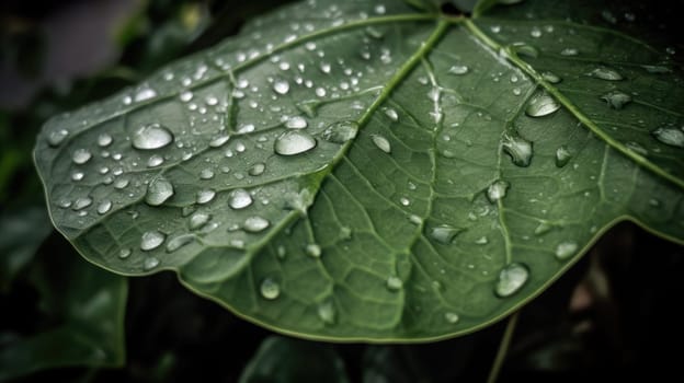 Close up view of raindrops on green leaf. Generative AI.