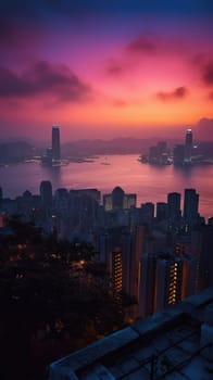 Beautiful pink sky sunlight above the city. Generative AI.