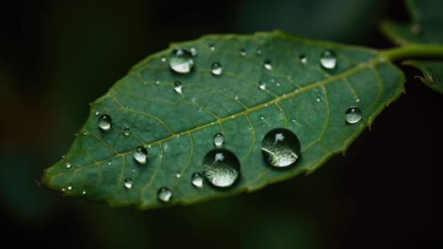 Close up view of raindrops on green leaf. Generative AI.