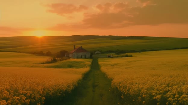 Beautiful local farm with sunset in the countryside field. Generative AI.