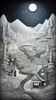 Traditional christmas paper cut art piece with a snowy landscape. Generative AI.