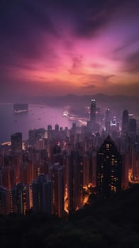 Beautiful pink sky sunlight above the city. Generative AI.