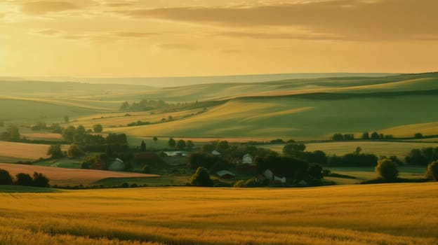 Beautiful local farm with sunset in the countryside field. Generative AI.