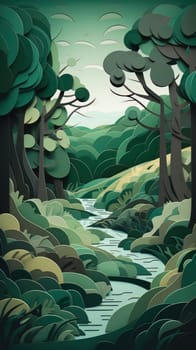 Paper cut art work with green nature forest. Generative AI.