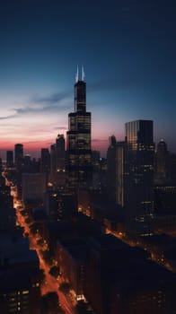 Cityscape of chicago at dusk with lights from the skyline. Generative AI.