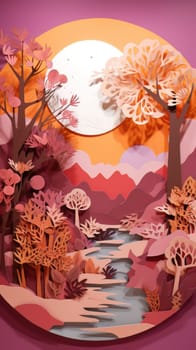 Autumn nature, landscape art paper cut. Generative AI.