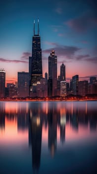 Cityscape of chicago at dusk with lights from the skyline. Generative AI.