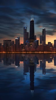 Cityscape of chicago at dusk with lights from the skyline. Generative AI.