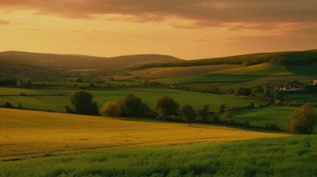 Beautiful local farm with sunset in the countryside field. Generative AI.