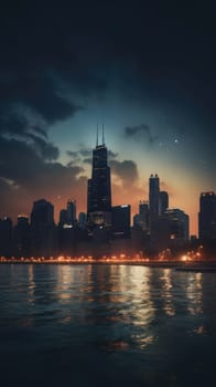 Cityscape of chicago at dusk with lights from the skyline. Generative AI.