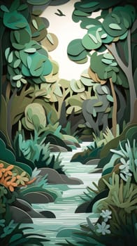 Paper cut art work with green nature forest. Generative AI.