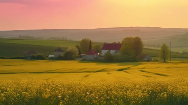 Beautiful local farm with sunset in the countryside field. Generative AI.