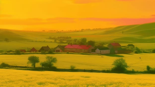 Beautiful local farm with sunset in the countryside field. Generative AI.